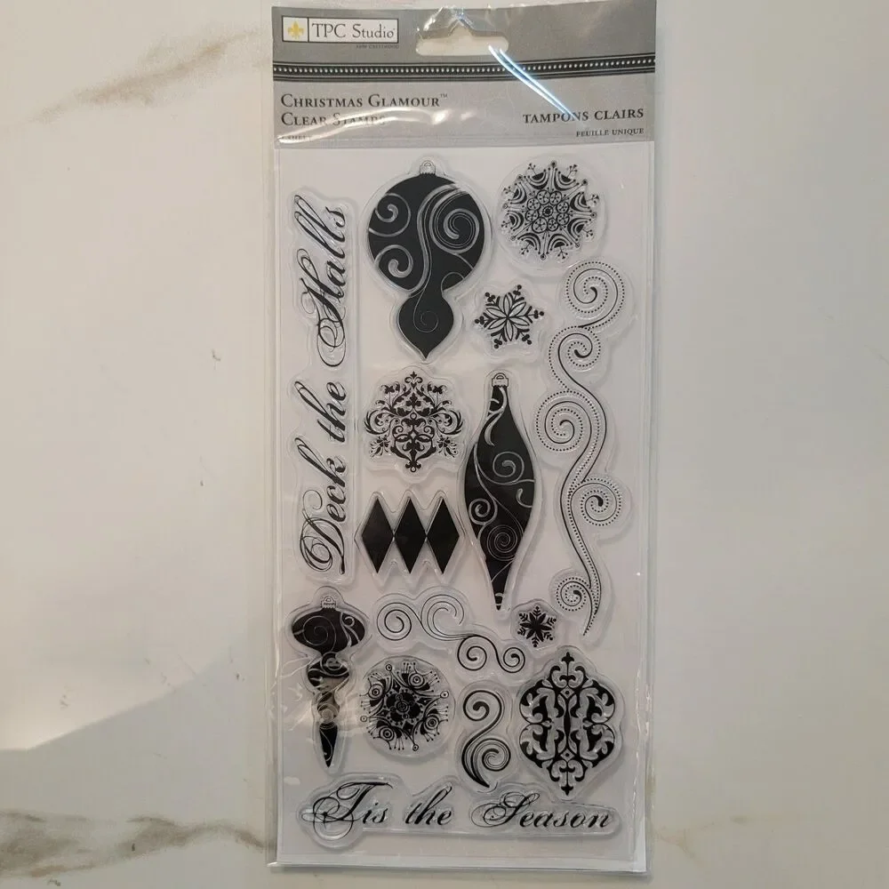 TPC Studio CHRISTMAS GLAMOUR Clear Cling Stamp Set of 15 Swirls Ornaments Flakes